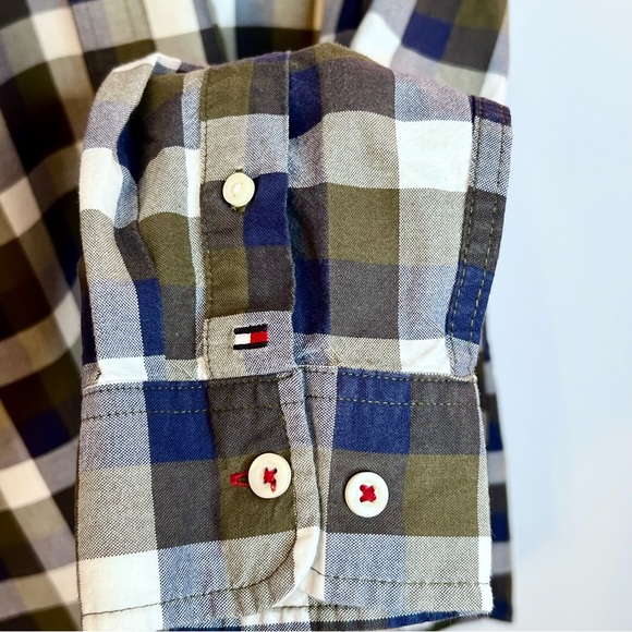 Tommy Hilfiger Mens Custom Fit Button Down Shirt Large Check Print Green Navy - Picture 9 of 16